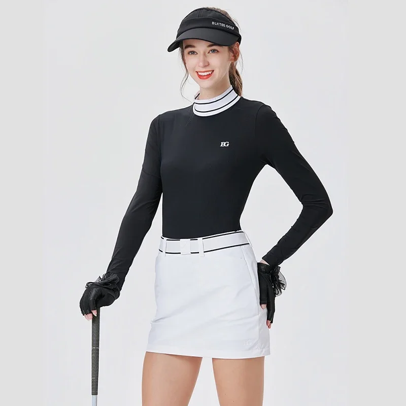 Blktee Lady Ice Silk Long Sleeve Golf Tops Women Stand Collar Summer Shirts High Waist Pencil Skirts Sports Golf Suit