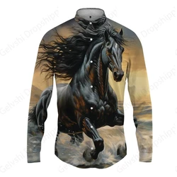 Long Sleeve Hawaiian Shirts Horse 3d Print Beach Shirt Men Fashion Lapel Blouses Button Up Single Breasted Blouse Men's Clothing