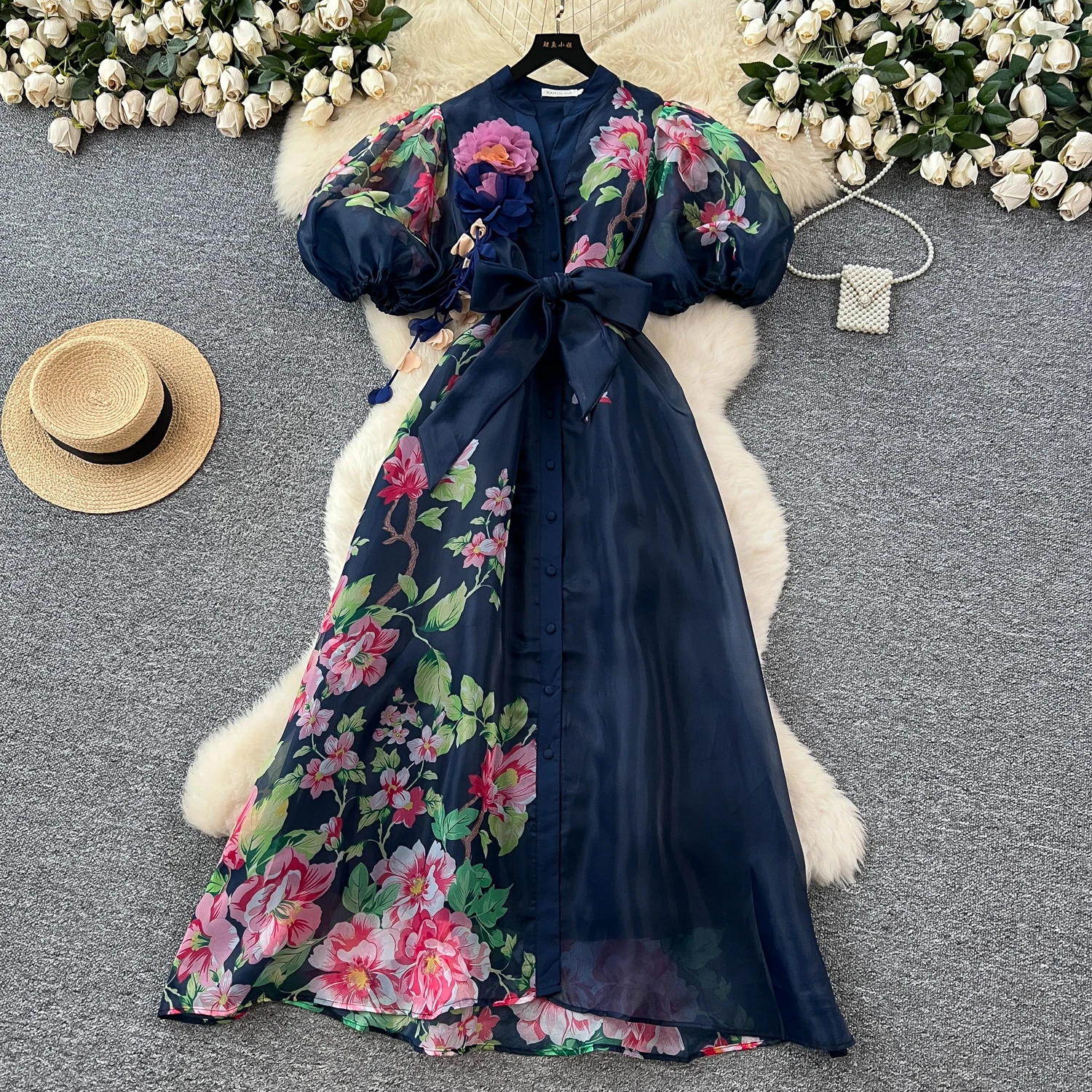 2025 الفرنسية خمر فستان سهرة أنيق المرأة الزنانير شبكة واحدة الصدر ثلاثية الأبعاد زهرة فستان طويل الراقية مهرجان الملابس جديد