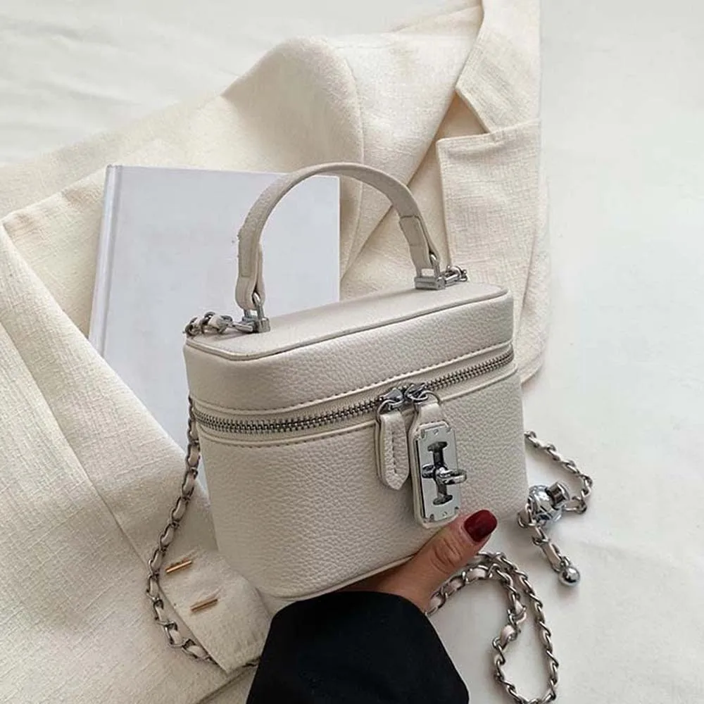 Pebbled Texture Macaron Box Bag Compact Size Zipper Closure Square Vanity Purse Vegan Leather Detachable Strap