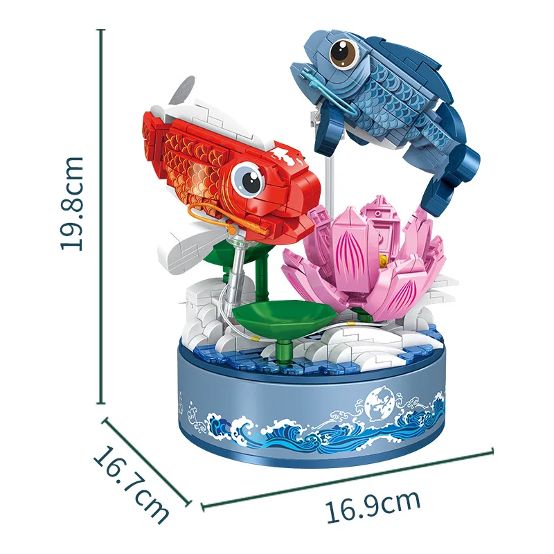 Creative Music Box Block Lotus Pond Pisces Construction Set Model Double Fish Carp Building Bricks Educational Toys With Light