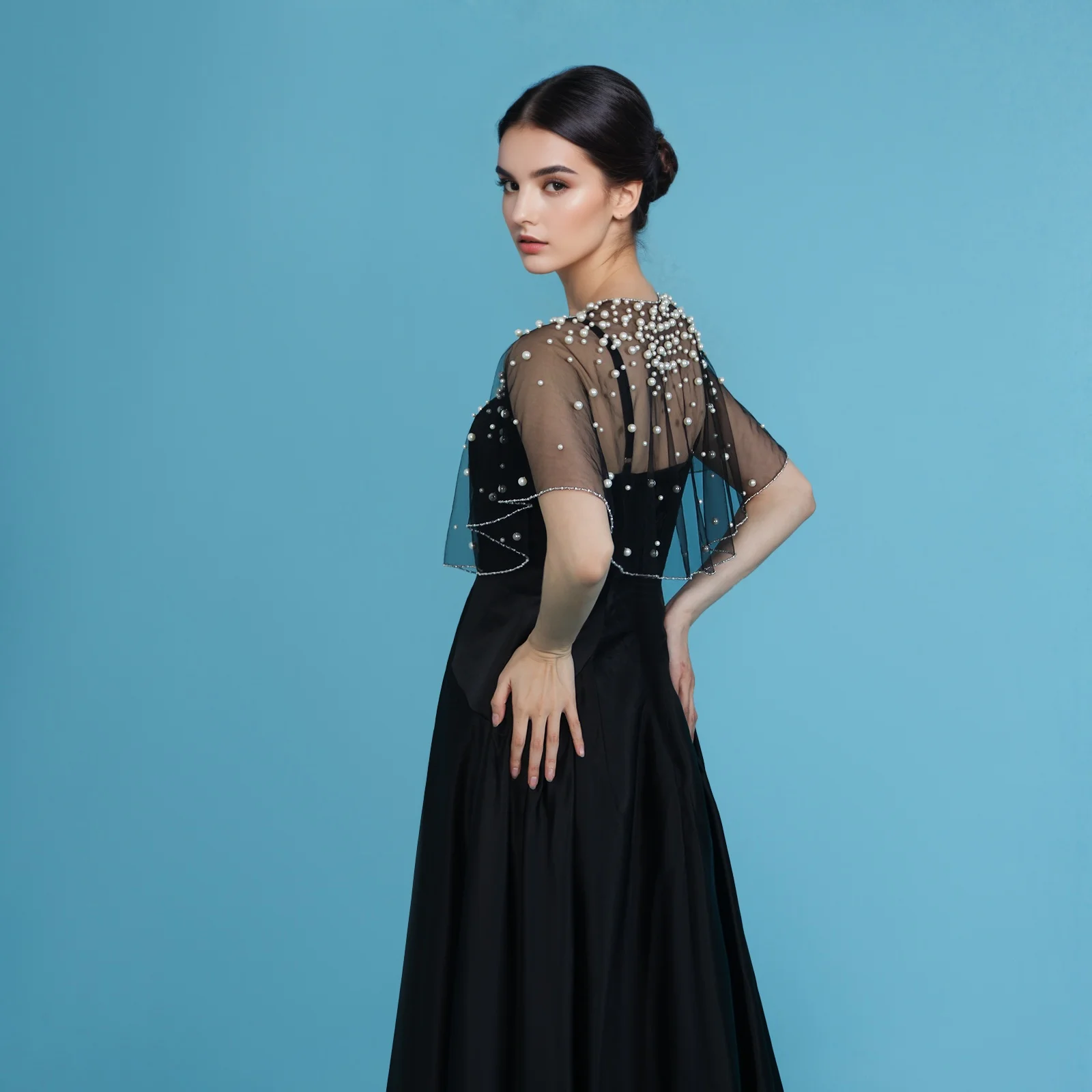 Women Black Tulle Bolero Shrug with Pearl Crystal Trim One Button Closure Elegant Cap Sleeve Wedding Evening Cape Wrap Shawl