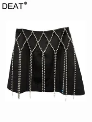 DEAT Women's Skirt Plaid Shiny Diamonds Chains Tassel Solid Color Slim Short A-line Mini Skirt 2024 Autumn New Fashion 11XX5371