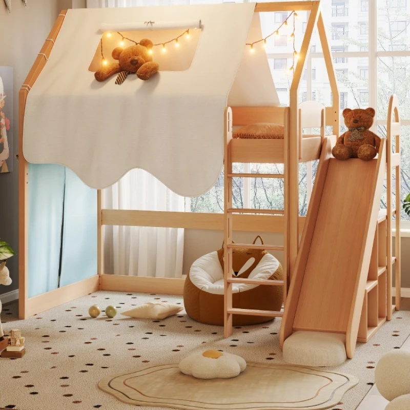 Solid beech half-height beds for boys and girls, treehouse beds, flying houses, wooden cabins, castles, slide beds