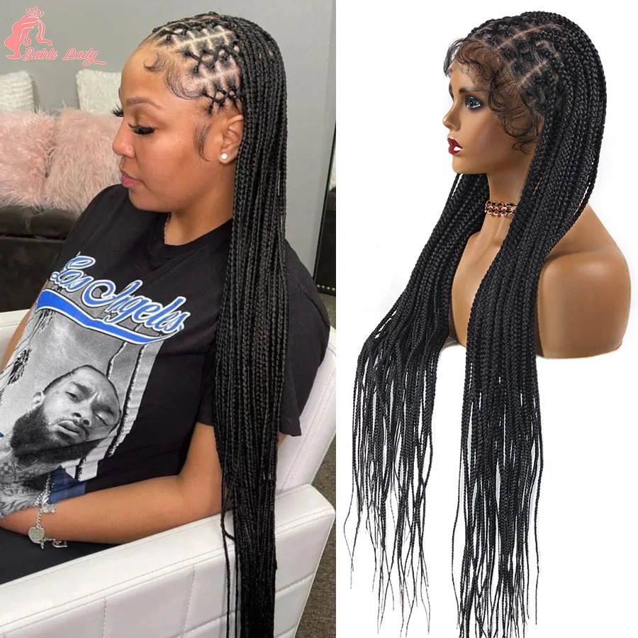 Synthetic Full Lace Braided Wigs Criss Cross Cornrows Braids With Baby Hair 36'' Long Knotless Box Braided Wigs For Black Women