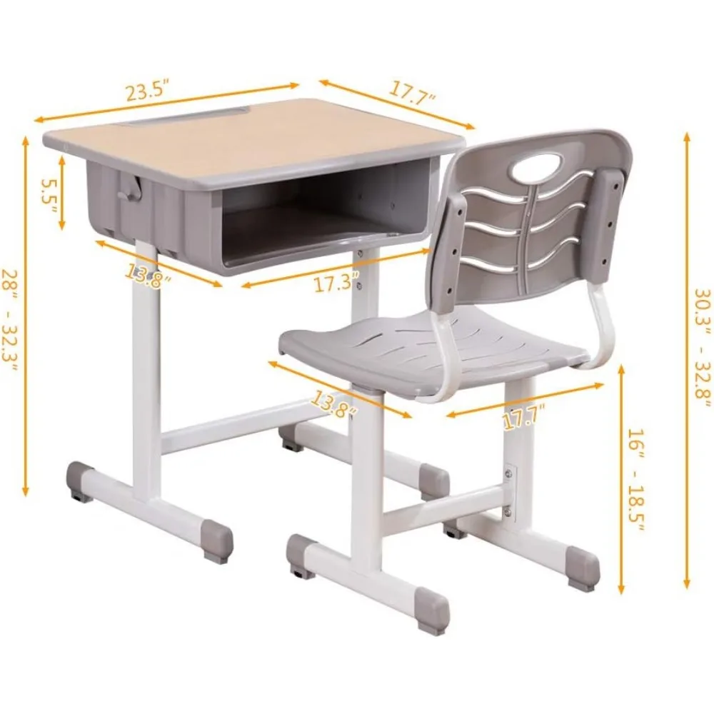 Combinación de escritorio y silla para estudiantes, estación de trabajo de altura ajustable para niños, con cajones, ranuras para lápices y ganchos