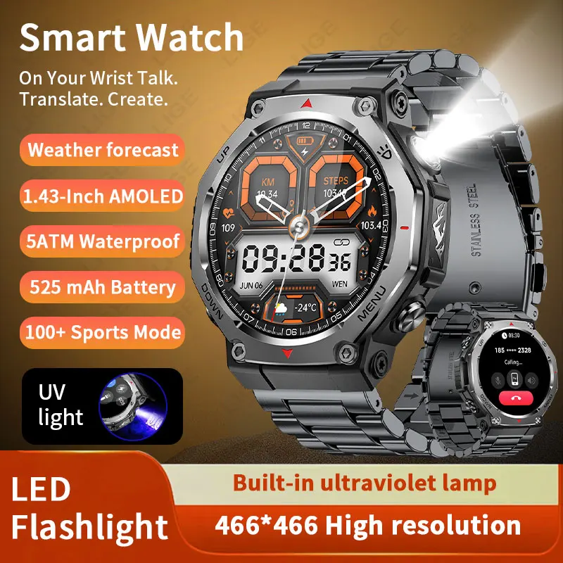 

LIGE Men's Smart Watch AMOLED Screen Sports Tracker Sleep Monitor 5ATM Waterproof Bluetooth Call Flashlight Military Smartwatch