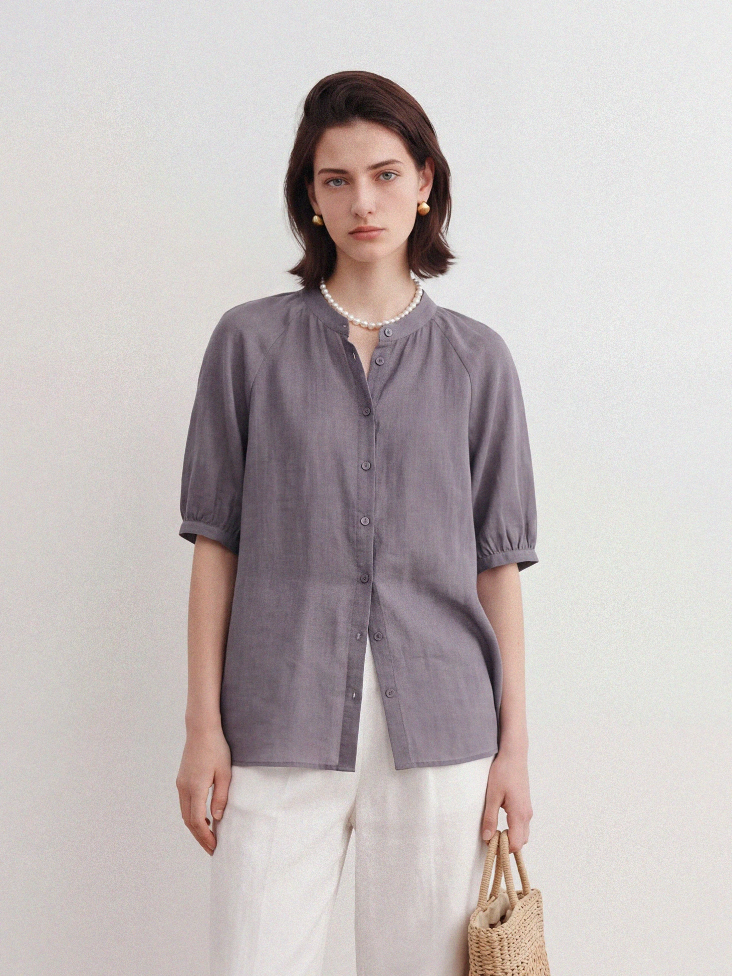 

New Chinese Style Loose Fit "Gray Purple Jiangnan" Zen round Neck Bubble Sleeve Women's Flax Thin Shirt Casual Loose Blouse