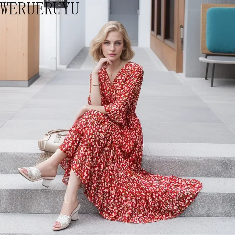 Red Floral Party Long Women Dresses Clothing Flared Short Sleeve Elegant Evening Vintage Fashion Summer Women Chiffon Dress 2024