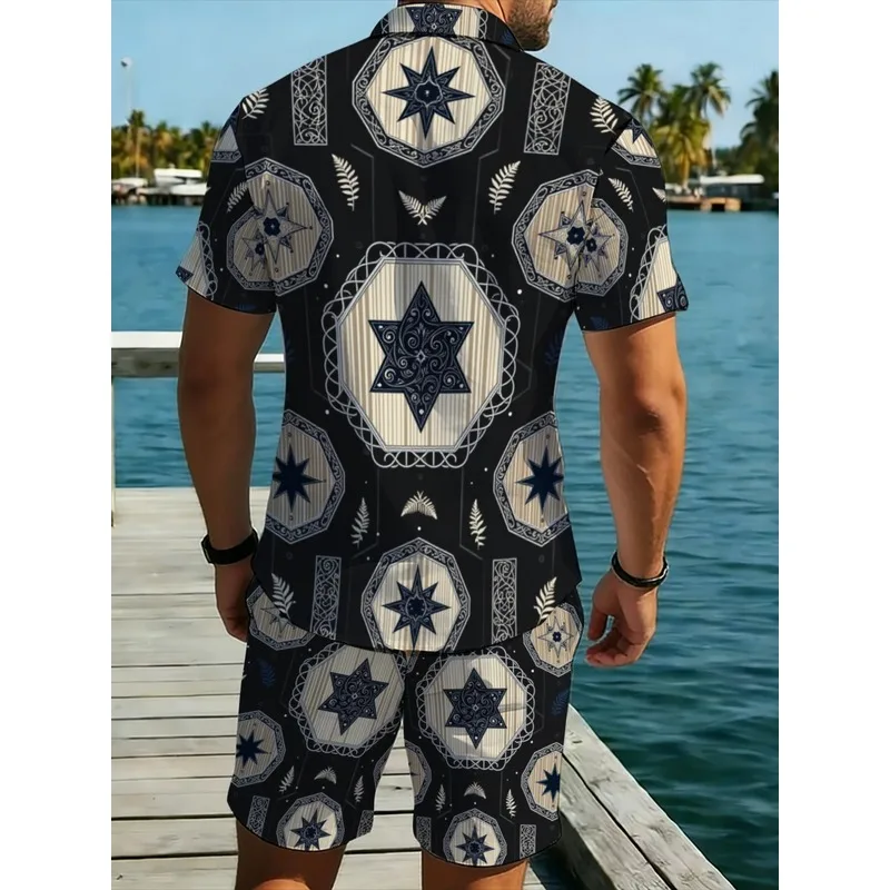 Star Pattern Mens Two Piece Shirt And Shorts Set Black Hawaiian Print Casual Beach Wear For Holiday Pool Party Outdoor Activitie