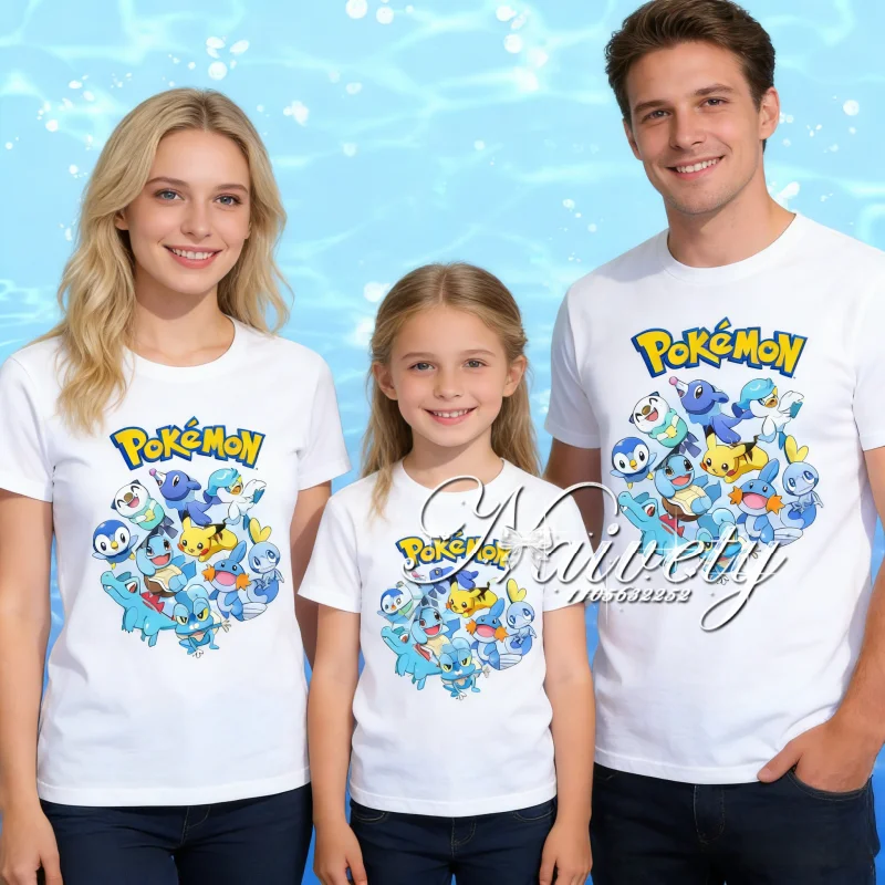 

2026 Summer Plus Size Pokemon Family T-Shirts, 100% Cotton Print Couple Tees Pikachu Water Type Parent-child Tees for Travel