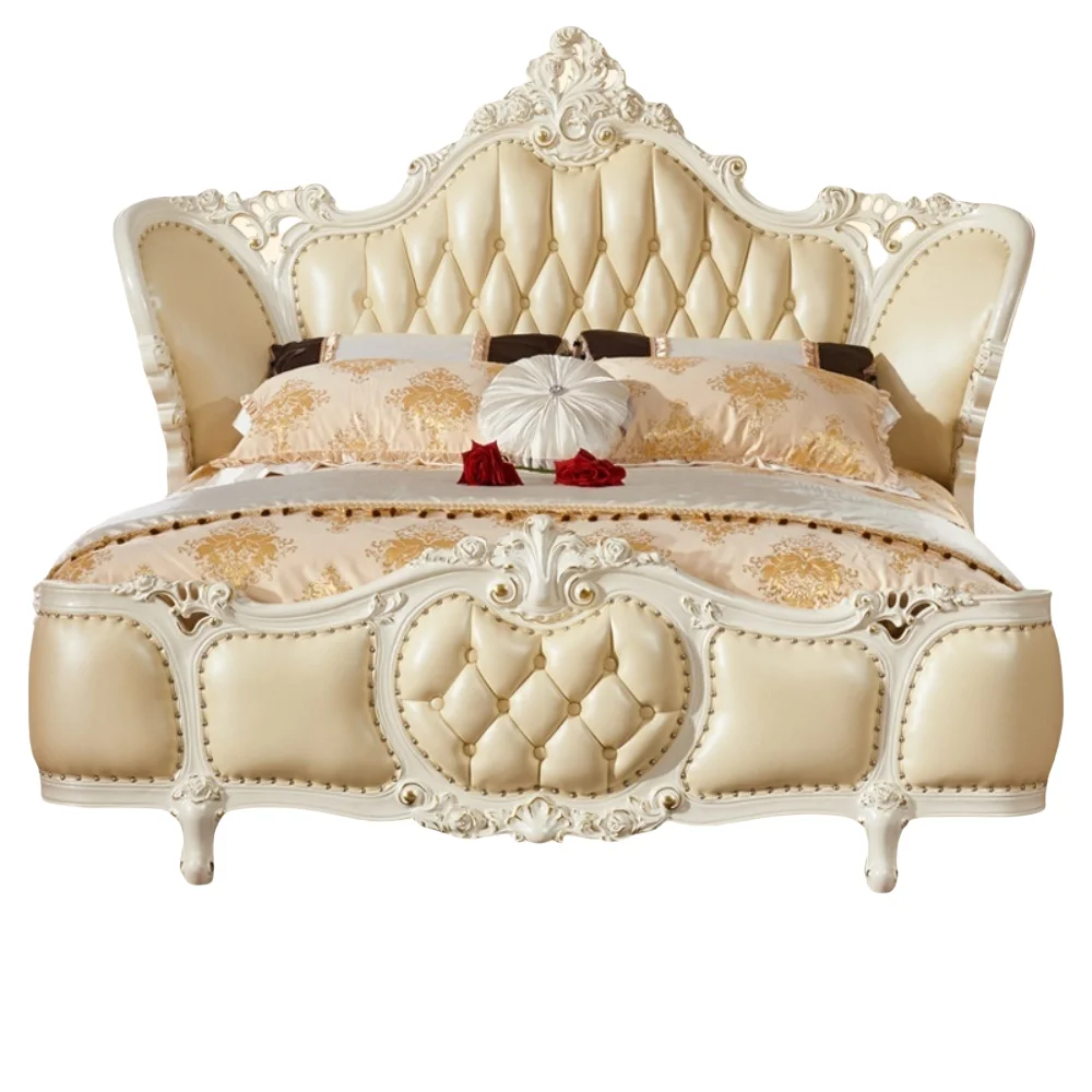 #High-End Modern European Design Solid Wood Frame with Leather Upholstery Exquisite Carved Details for Newlywed Master Bedroom
