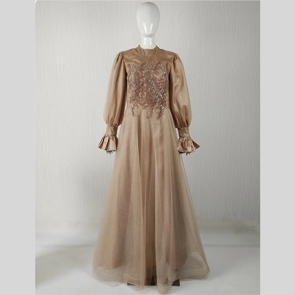 

Customized Real Photo Modest Evening Dress Khaki Beads O-neck Fully Line A-line Floor Length Plus size Women Party Formal Gown