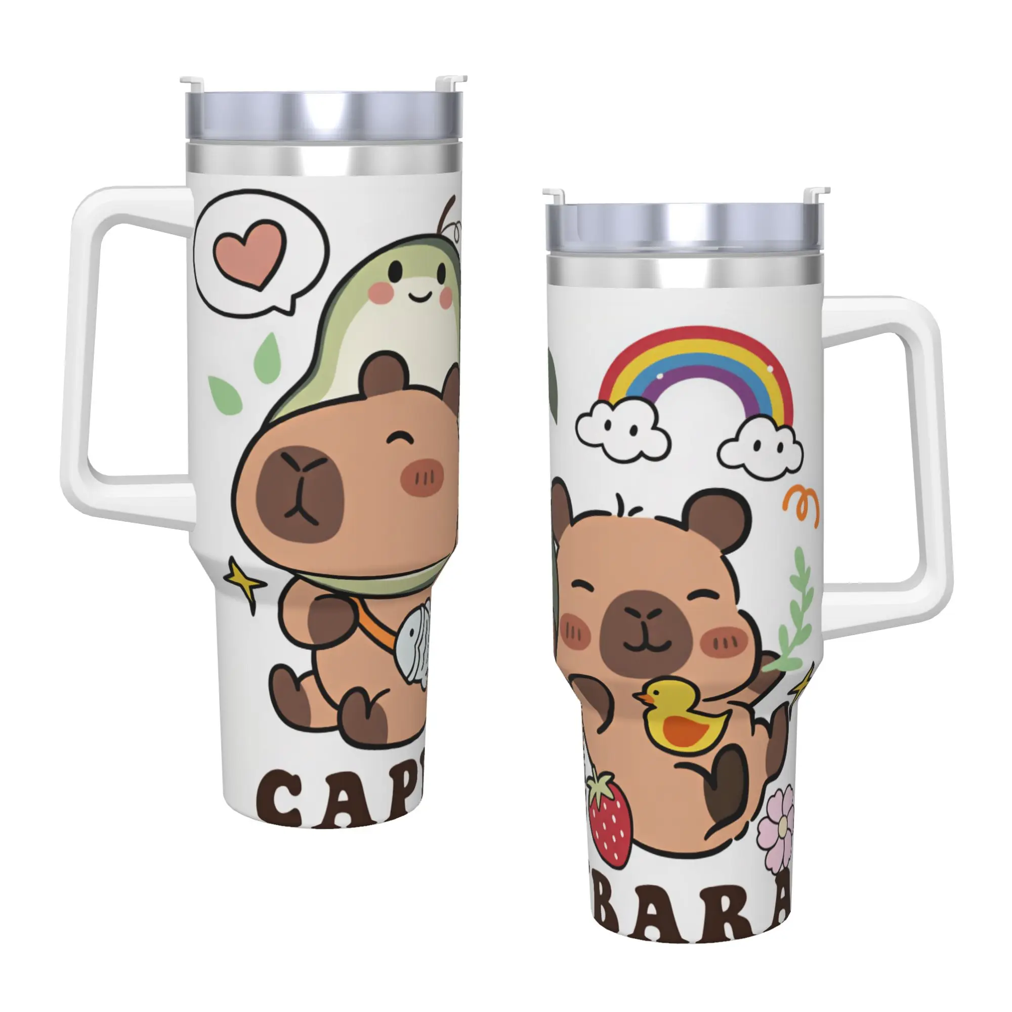 Stainless Steel Tumbler Two Capybara Avocado Duck Strawberry Rainbow Flower Cartoon Mugs Cup With Straws  Travel Water Bottle