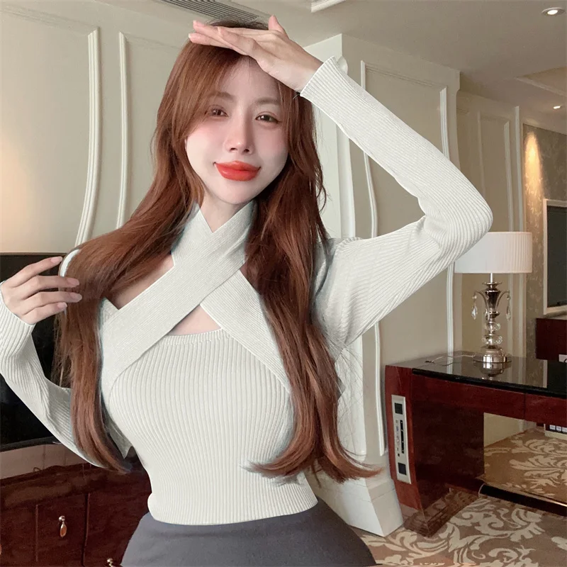 Women Fashion With Halter Neck Fitted Knit Sweater Vintage Long Sleeve Female Pullovers Chic Tops