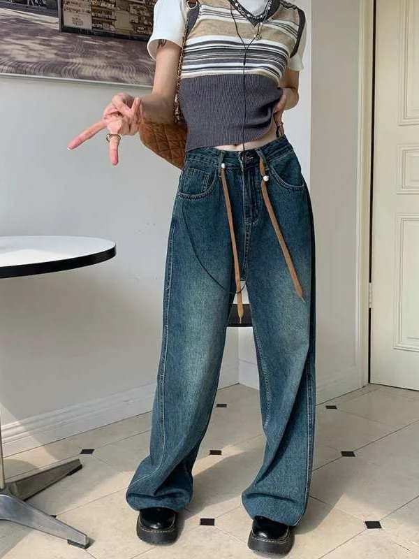 

Весенние ретро-джинсы с высокой талией и прямым кроем из денима и синей искусственной кожи, эластичные, для женщин