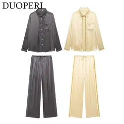 DUOPERI Women Fashion 2 Pieces Sets Satin Textured Beading Shirts and Elastic Waist Trousers Feamle Chic Lady Pant Suit