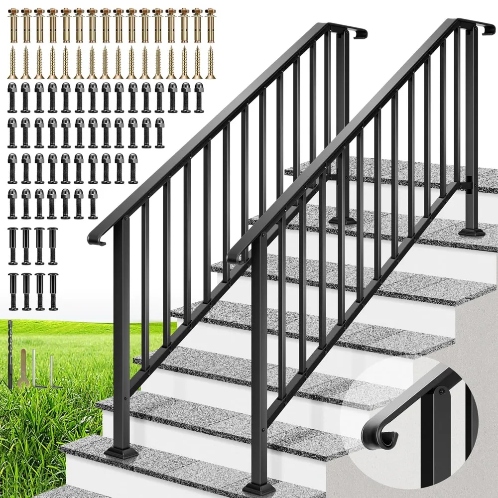 2-Pack Wrought Iron Hand Rails for Outdoor Steps – 67.6" Curved Ends and Safety Balusters Exterior Railing Kit for Porch, Deck,