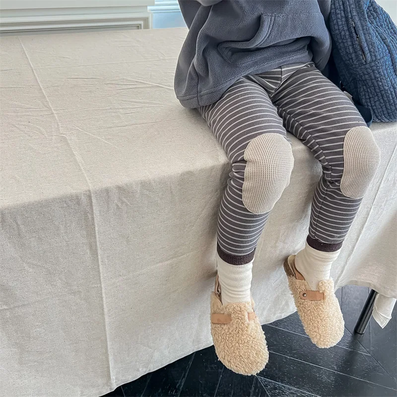 2026 Winter Toddlers Kids Striped Leggings Knee Applique Unisex Children Thicken Warm Skinny Pants