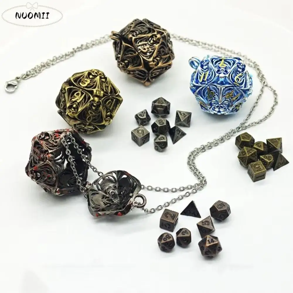 7pcs/Set 20-sided Hollow Metal Dice Necklace TRPG DND Hollow Metal Dice Torque Portable Mini Polyhedral Dice Necklace Board Game