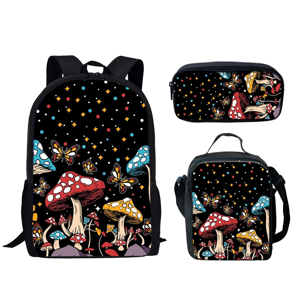 Belidome 3Pcs Schoolbag for Teen Boys Girls Mushroom Butterfly Print Lighyweight Backpack for Primary Studdent Back to School