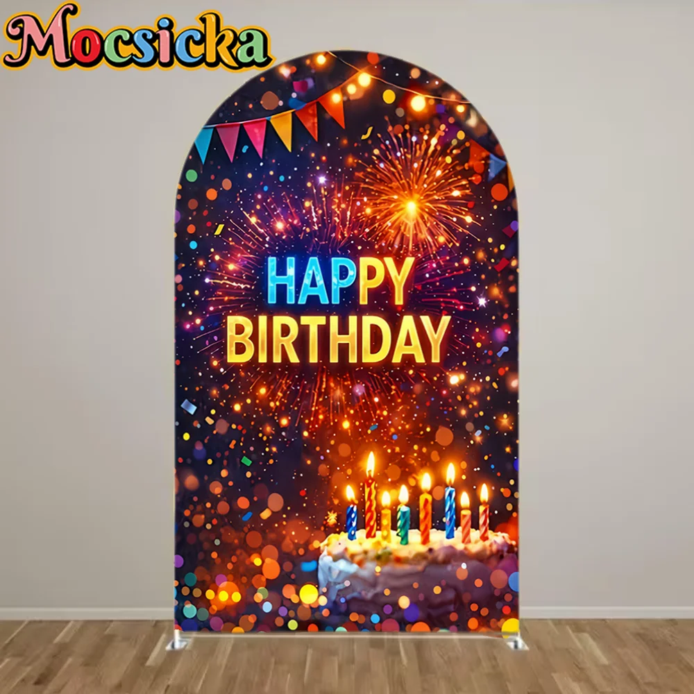 

Mocsicka 2-Sided Birthday Decoration Arched Cover Background Dazzling Neon Birthday Happy Background Arch Party Photo Background