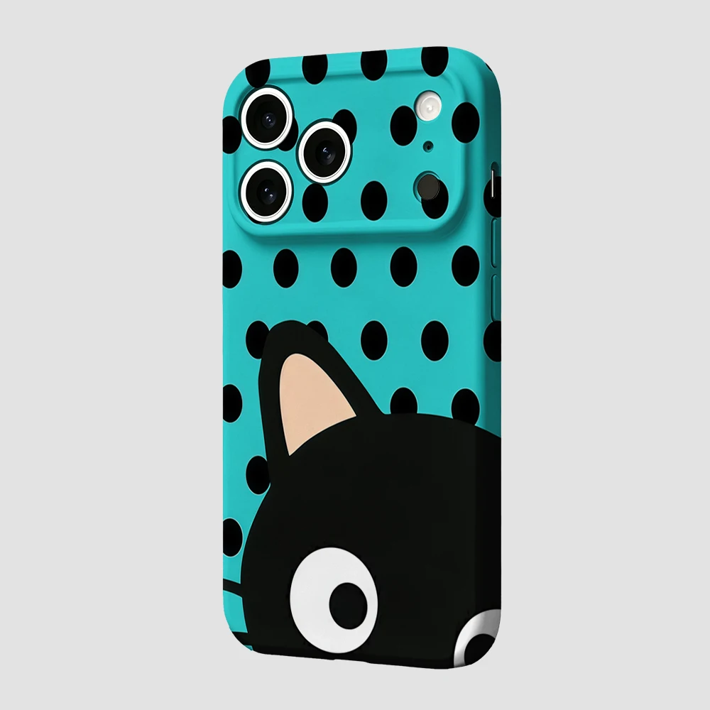 Turquoise Polka Dot Cat Phone Case For iPhone 17 16 15 14 13 12 11 Pro Max Air 16e 7 8 Plus XS Max X XR Hard PC Bumper Cover view 3