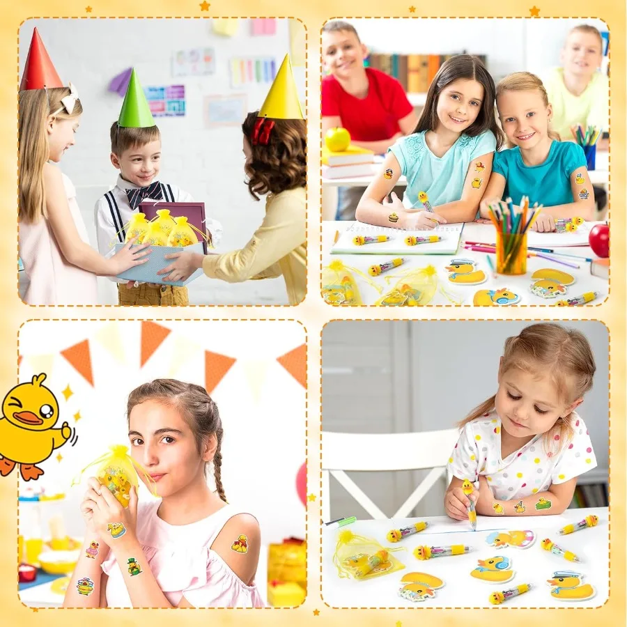 Conjunto de presente de papelaria de pato de borracha amarelo para: 12 pacotes de material escolar com tema animal fofo, incluindo canetas esferográficas de pato 4 em 1 St