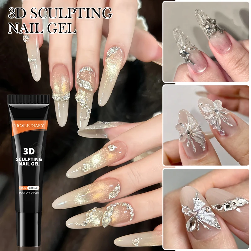 NICOLE DIARY 15ML 4 IN 1 Nail Rhinestone Gel For DIY 3D Shaping Manicure Adhesive NO Wipe Nail Gel For Powder Solid Jewelry Gel