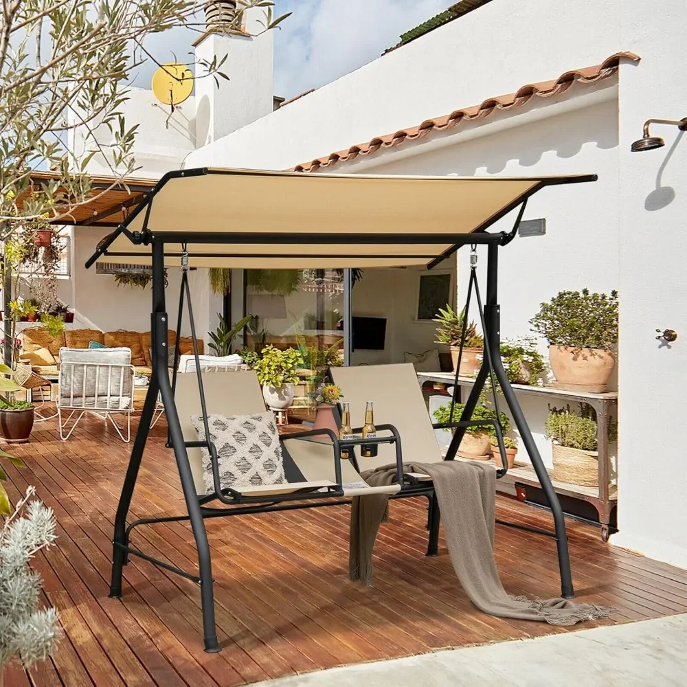 Factory Direct 2026 Two Seat Outdoor Porch Swing, Cushioned Two Person Adjustable, Canopy Tempered Glass Table, Outdoor Swing