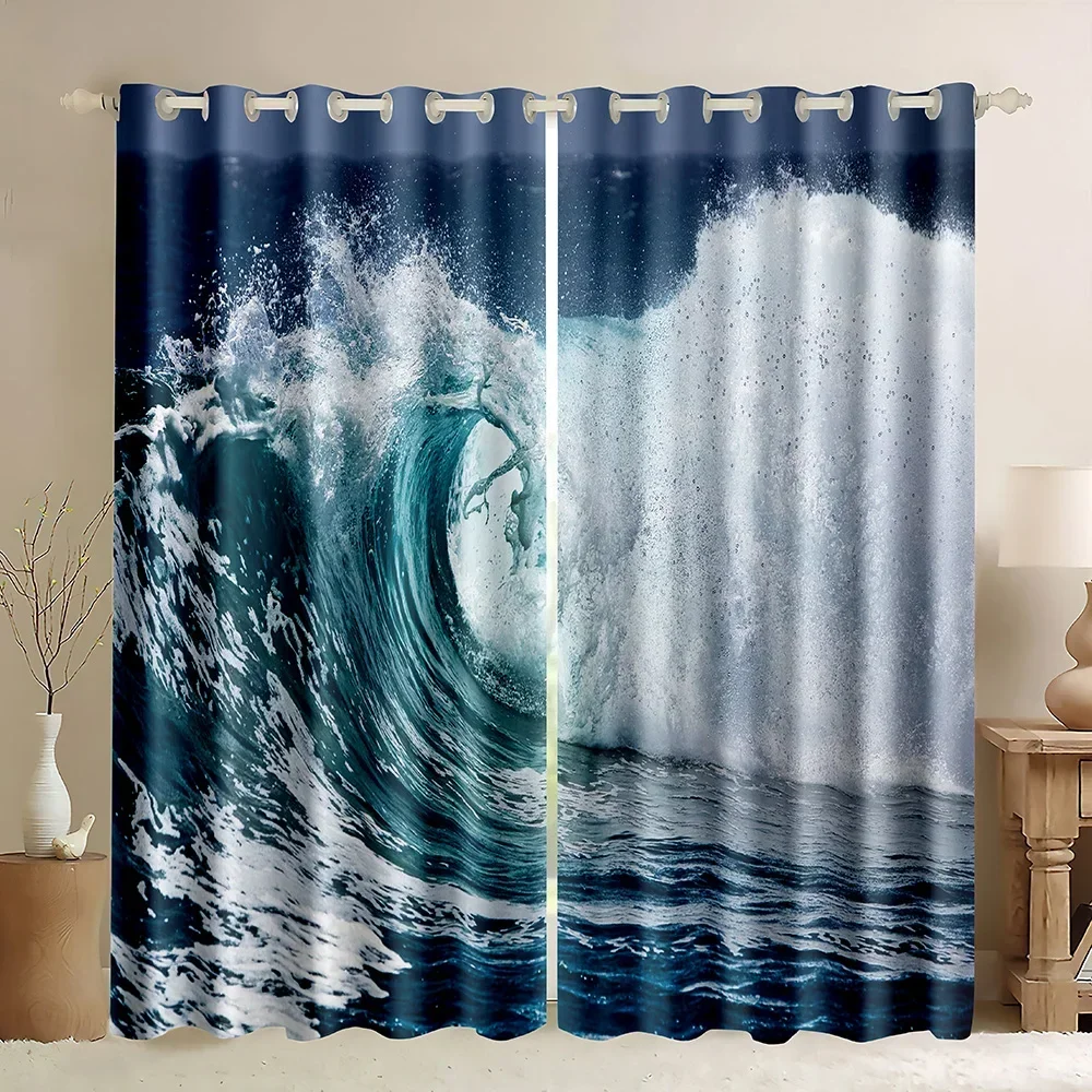 Ocean Window Curtain,3D Print Wave Ocean Wave Sea Blue Green Curtain,Ocean Surfing Theme Summer Tropical Blackout Curtains