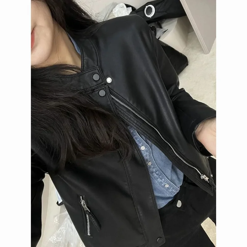 

Stand Collar Fashionable Leather Short Coat for Women 2025 Spring New Casual Temperament Jacket Tops Motorcycle Wear