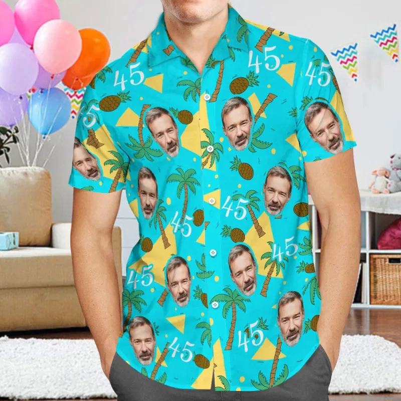 

Custom Face And Age Hawaii Shirt Personalized Palm Tree Pattern Aloha Shirt Short Sleeve Button Down Shirt For Birthday Parties