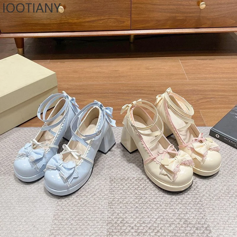 Japońskie Śliczne Damskie Szpilki Krzyżowe Paski Mary Jane Księżniczka Role Play Lolita Buty Gruba Podeszwa Wysokie Obcasy Buty Damskie