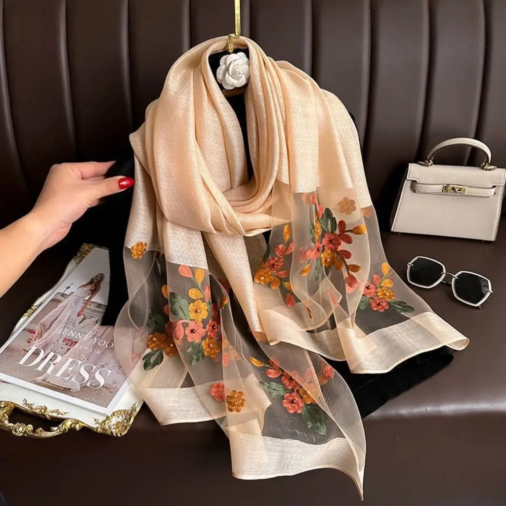 Bufanda de seda fina y suave para mujer, Foulard bordado de flores, chales Hijab, bufanda grande de encaje brillante para mujer