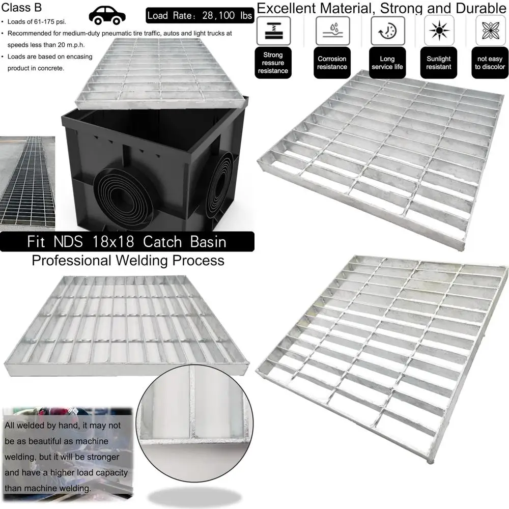 

Усиленная дренажная решетка из оцинкованной стали, 28100 фунтов, 18x18 дюймов, для наружных водоотводных канав, серебристая, квадратная, сменная