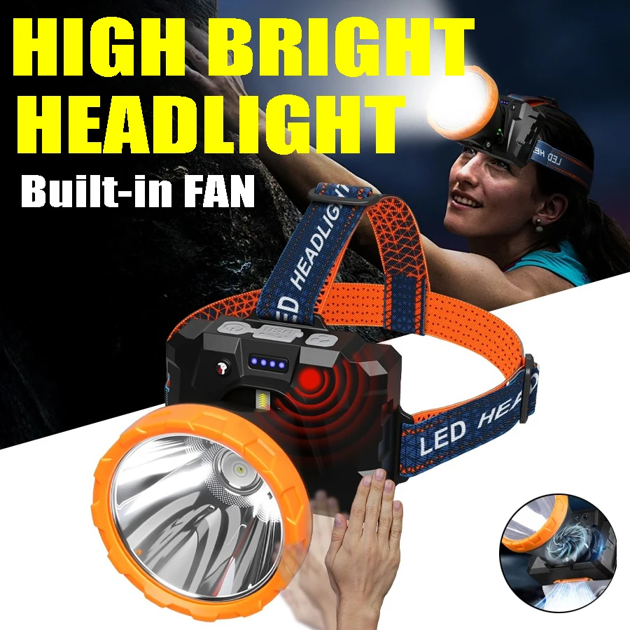 

Sensor LED Headlamp with Fan Rechargeable Headlight 90° Adjustable Torch Outdoor Waterproof Lantern for Camping Hunting Cycling