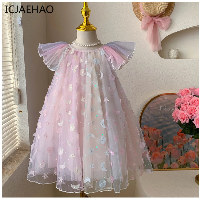 

ICJAEHAO 2024 Sweet Tulle Princess Dress Children Kids Pretty Clothing Baby Girls Matching Gradient Appliques Birthday Party