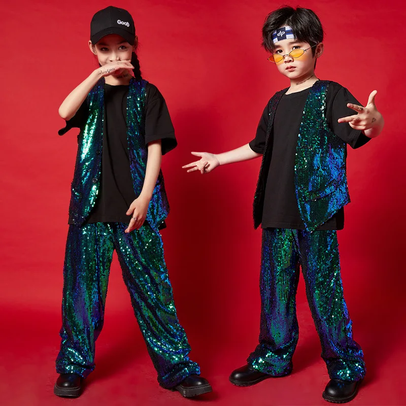 Girl Sequin Crop Tank Top Hip Hop Boys Green Vest Jacket Kids Jazz Shiny Pants Clothes Sets Child Street Dance Stage Costumes