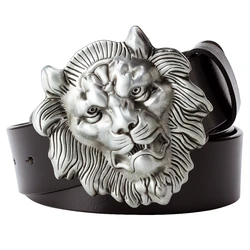 Lion Head Belt Big Brand Sliver Metal Buckle Cowskin Leather Fashion Belts For Men Women Lion's Head Pattern Animal
