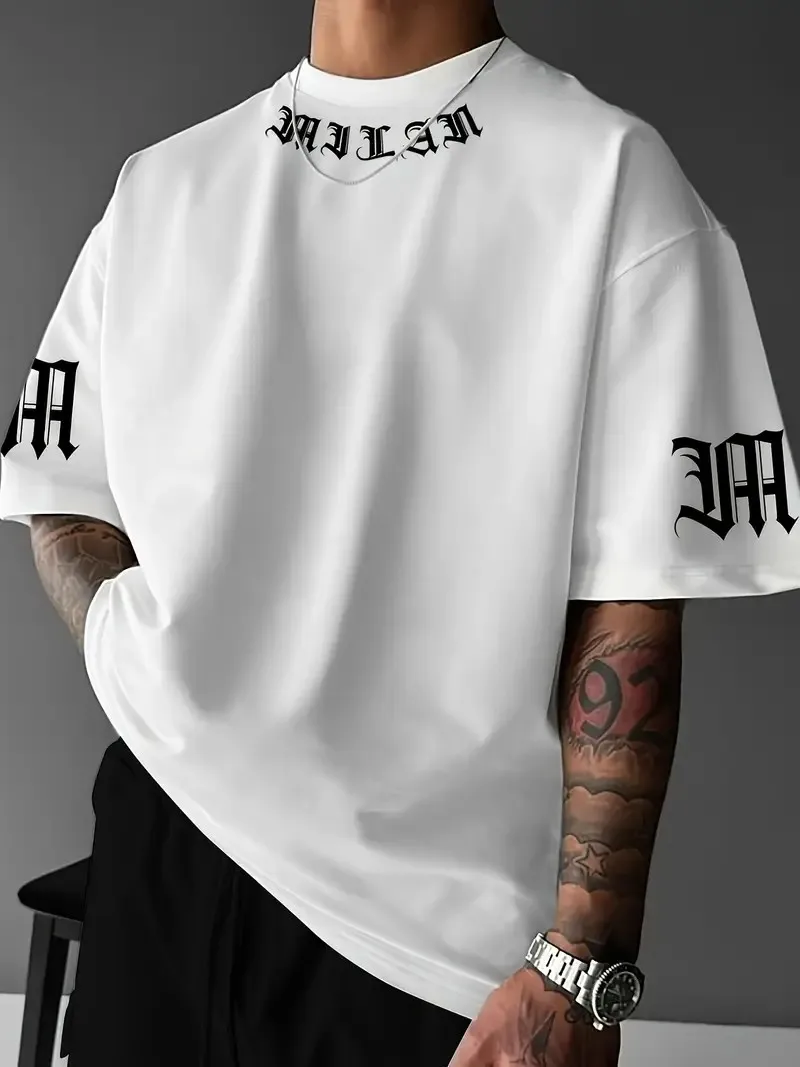 A new men's T-shirt for the summer of 2025 featuring casual and fashionable letter prints and breathable streetwear style