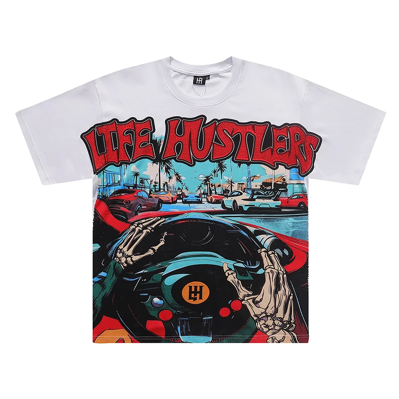 American Street Cotton Short Sleeve Graphic Print Life Hustlers T Shirt Men Women Loose Summer Printed Glitter Oversized Tee