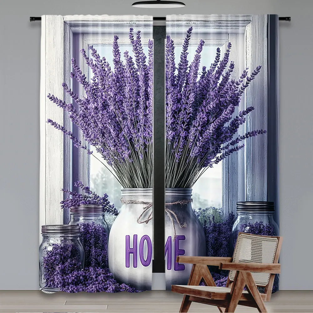 2Pcs Purple Curtain Home Lettering With Lavenders In Jars In Front Of A Weathered Wooden Window For Bedroom Living Room Dining