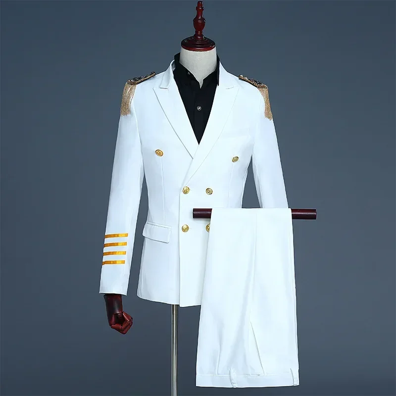 Navy Captain Officer Sailor Peacoat Costume Mens Blazer Suit Military Fringe Marching Band Jacket Uniform For Adult Coat Pants