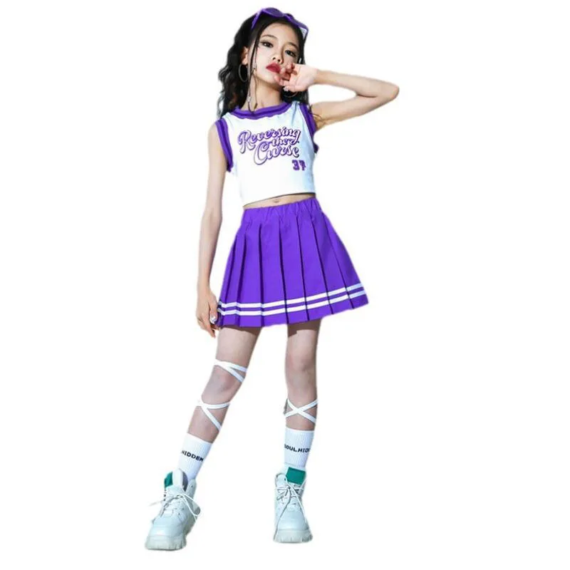 Children Hip Hop Summer Clothes Sets T-shirt Street Dance Skirt Girls Crop Top Cute Outfits Kids Jazz Cheerleader Costumes