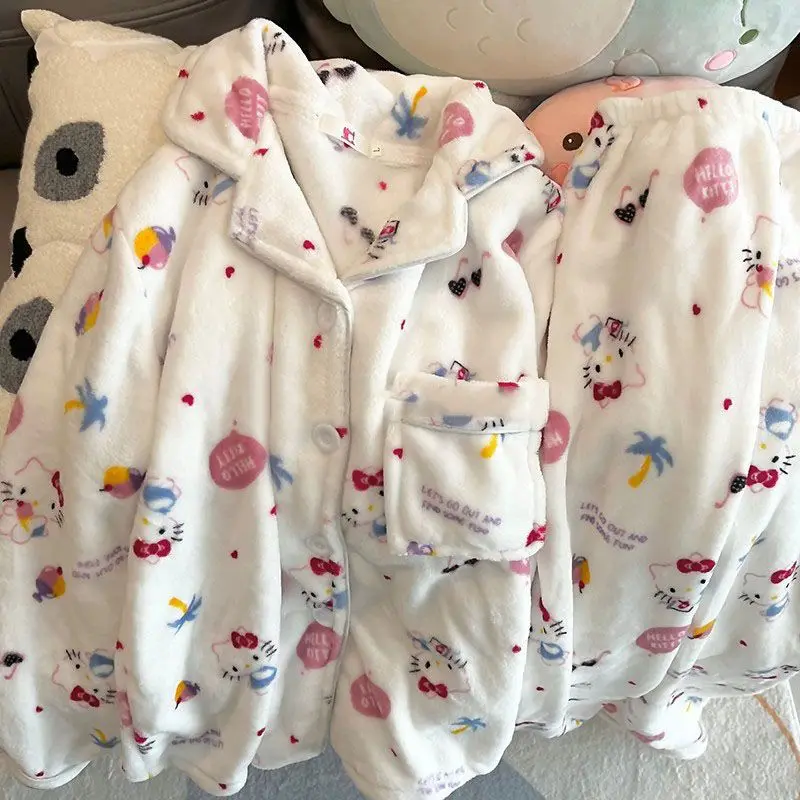 Anime 2Pcs Woman's Pajamas Set Casual Girl Student Cardigan Pants Red Grid Thicken Warm Fashion Casual Cute Korean Homewear Gift