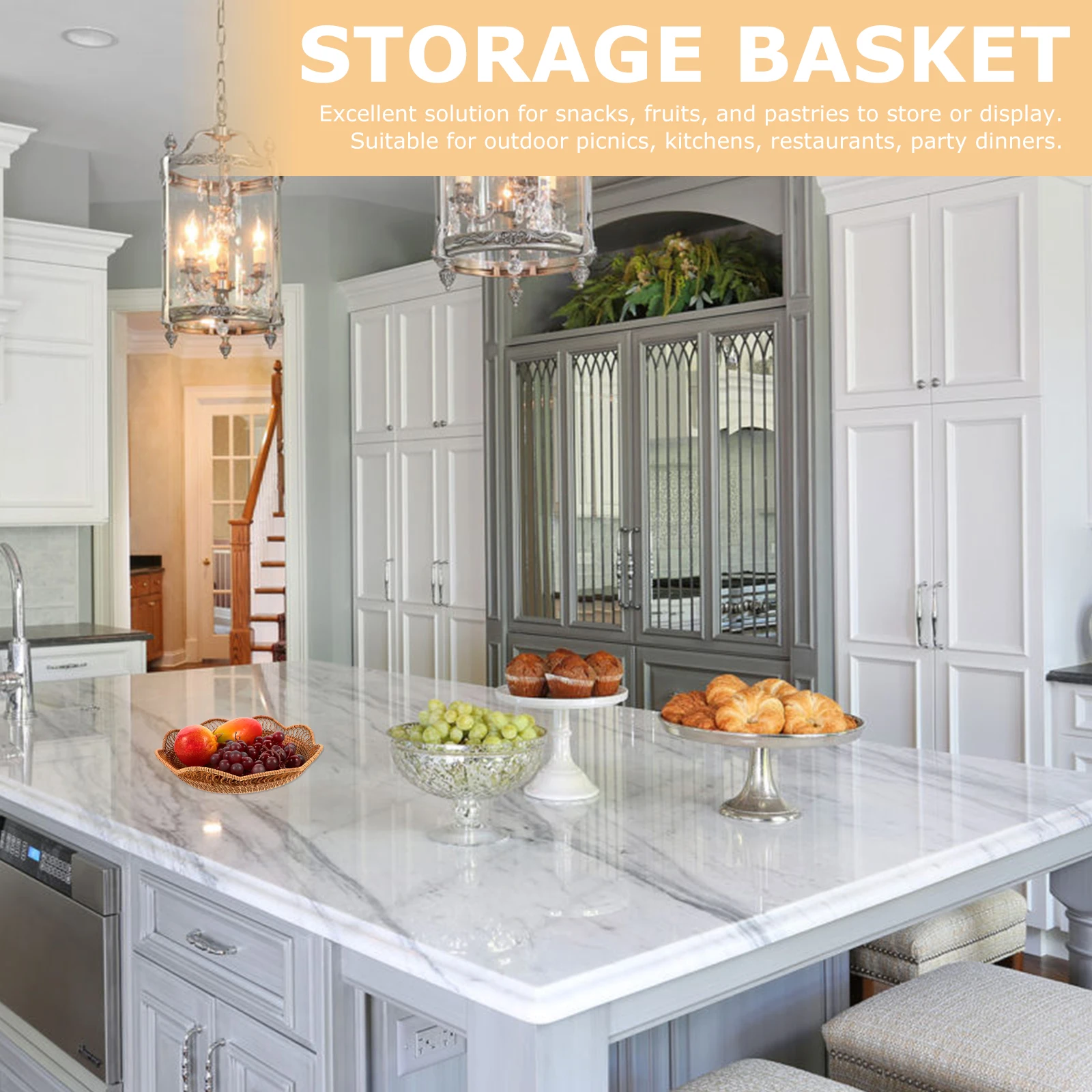 

1Pcs Rattan Woven Fruit Storage Basket Multipurpose Home Organizer for Fruits Pastries Snacks Display Kitchen Picnic Party