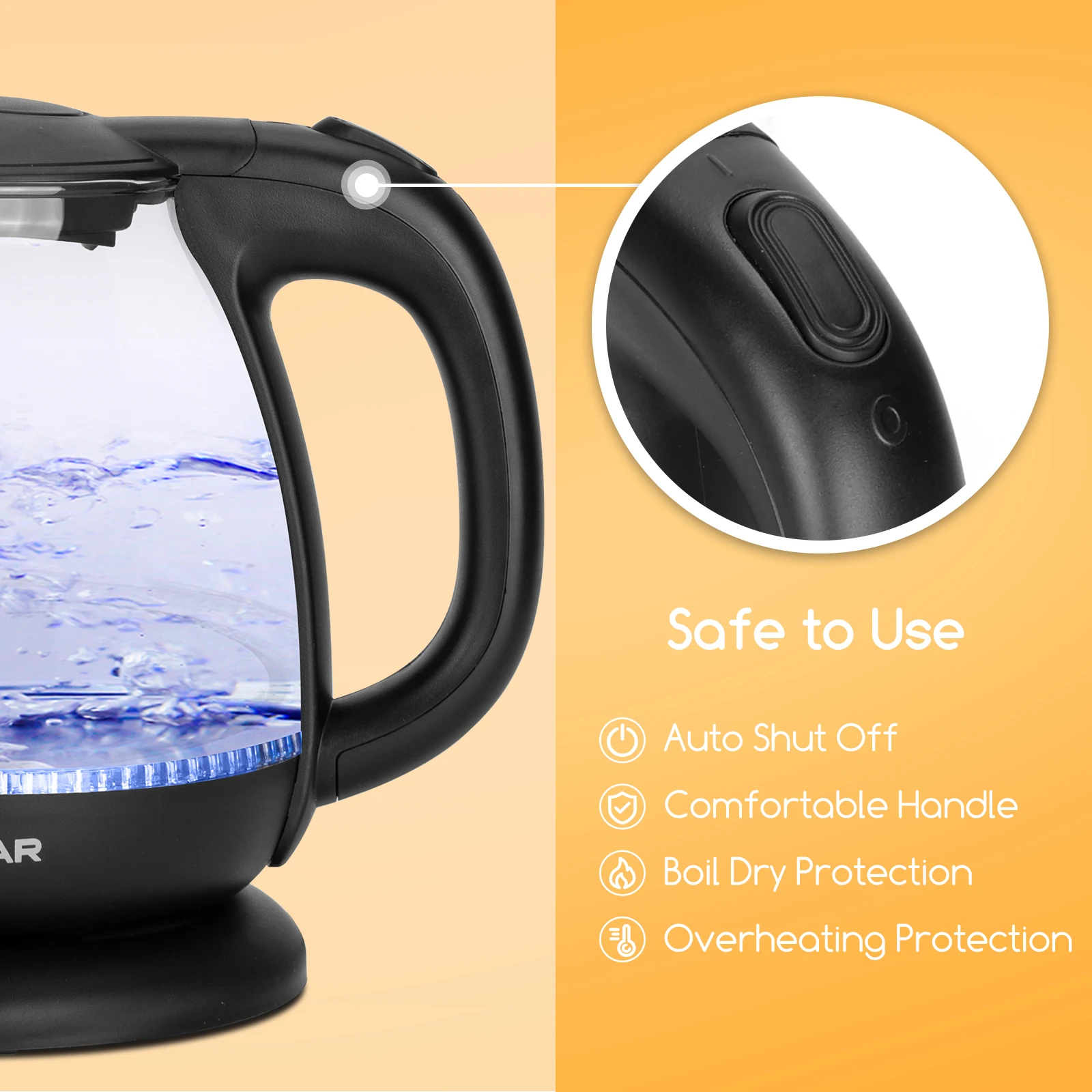 غلاية كهربائية زجاجية سعة 1 لتر مع إضاءة ليد ، نظام حماية من الغليان الجاف ، قاعدة ° ،