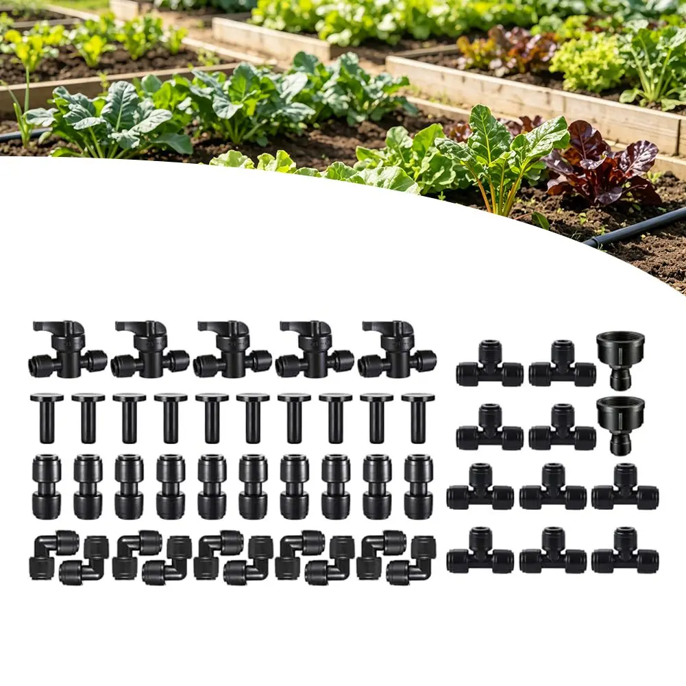 Drip Irrigation 47-Piece Kit for 14-Inch Tubing Includes Components for Branching Main Line Termination and Inline Connections