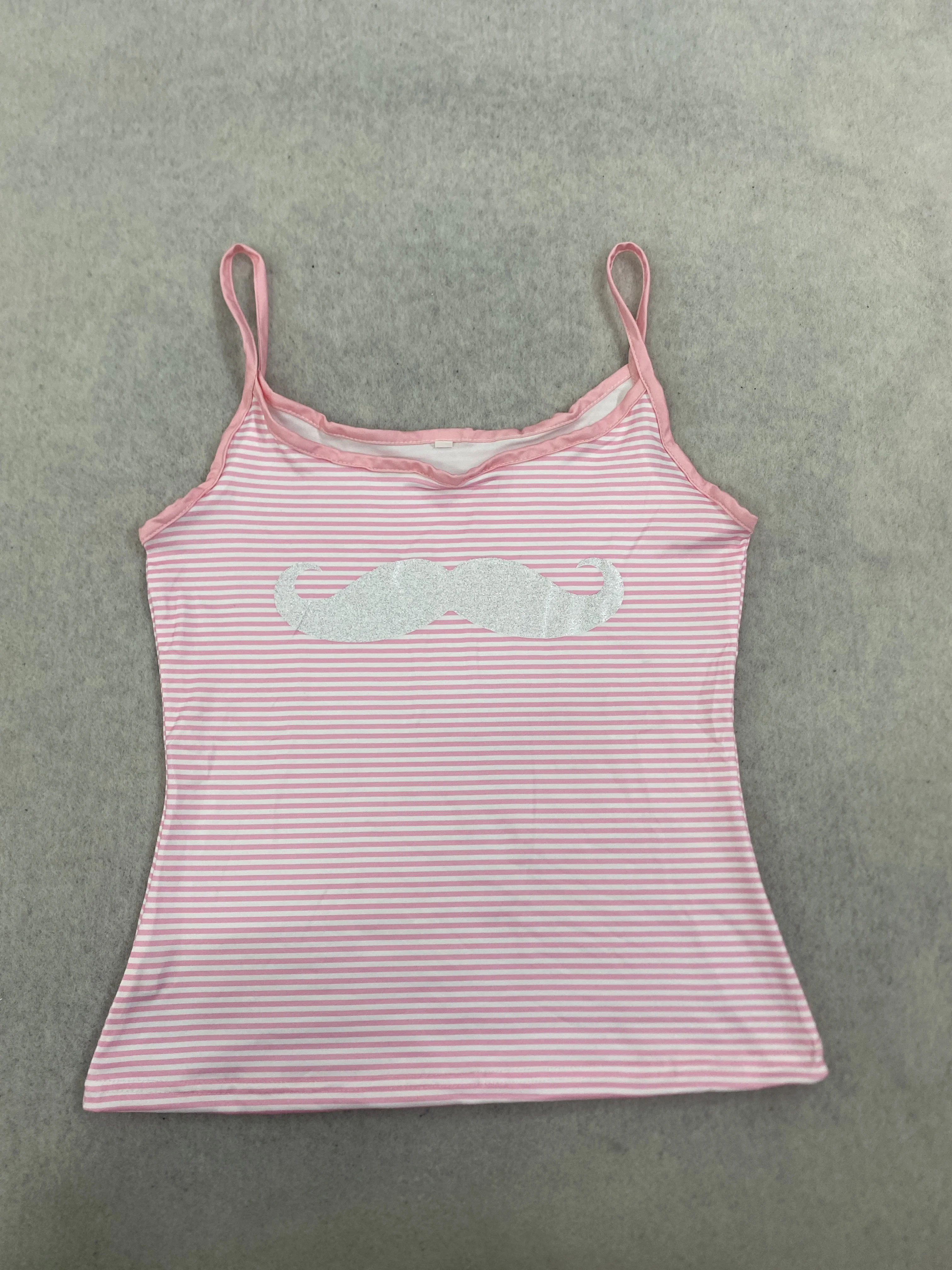 2000s Retro White beard print pink stripe design sweet cool Harajuku versatile High street women's clothing Summer emo vest tops